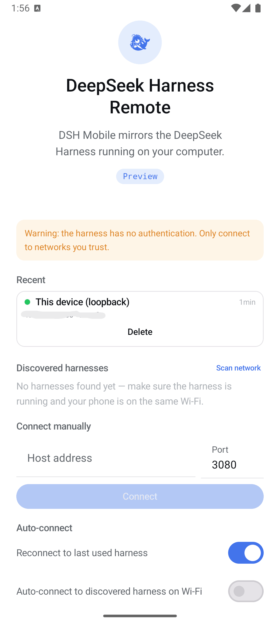 The Connect screen: remembered harnesses with live reachability, LAN discovery, manual host and port entry, and auto-connect toggles.